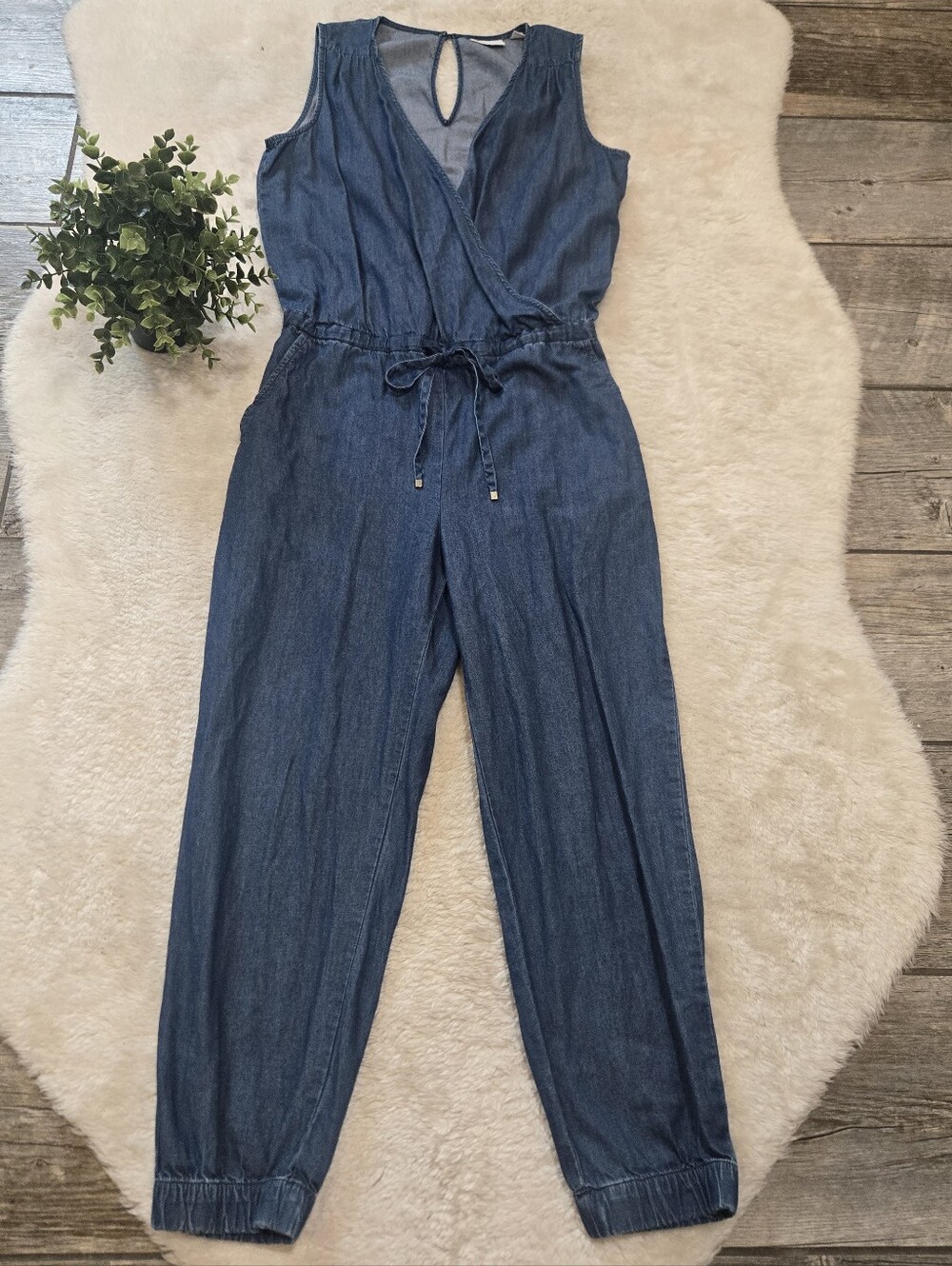 New York & Co. Blue Denim Chambray Sleeveless Casual Chic Jogger Jumpsuit, S